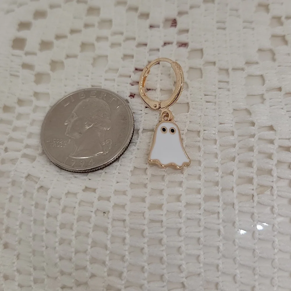 Halloween Ghost Earrings Dangling Huggie White Gold Tone 1.18